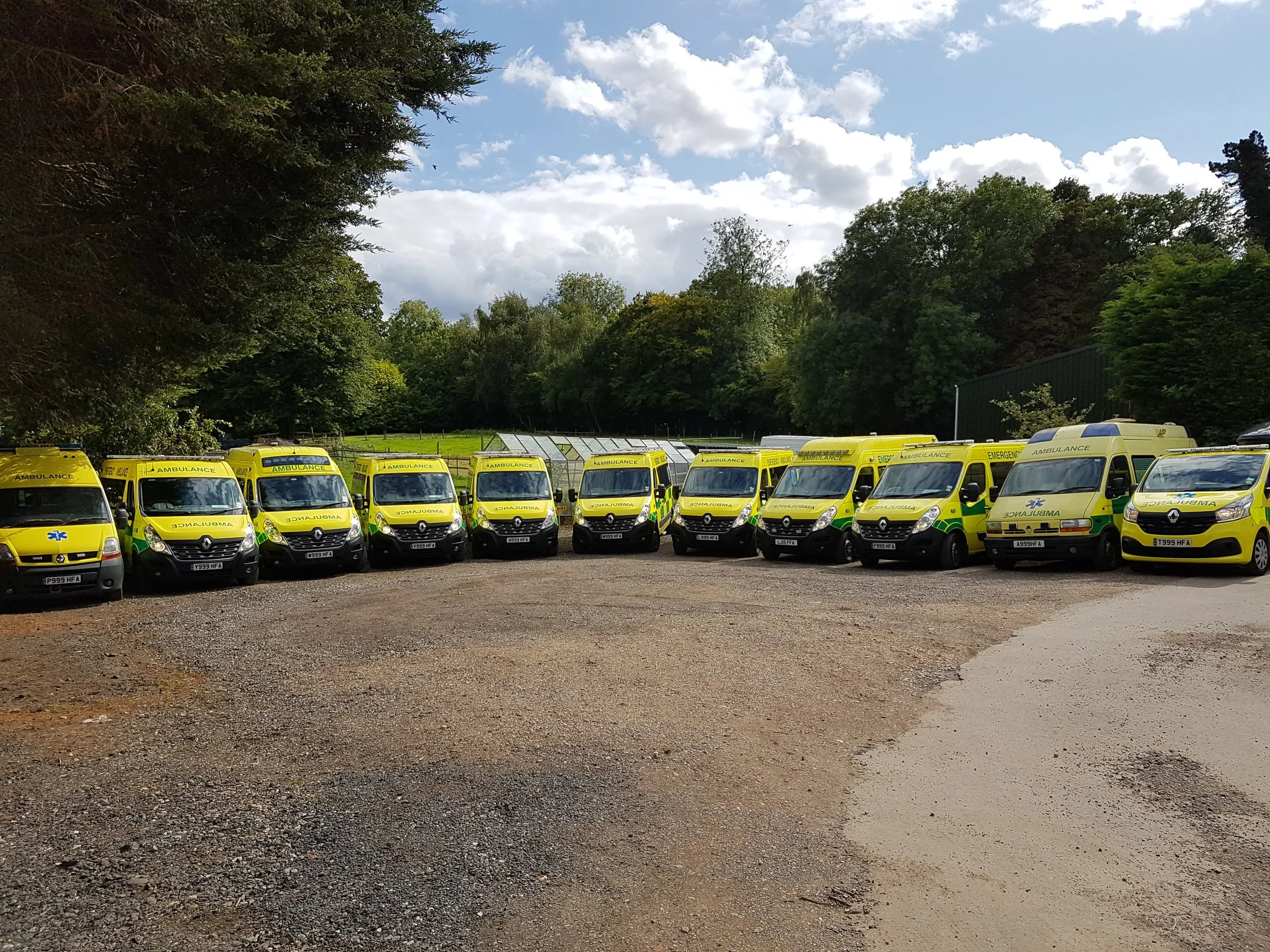 A curved line of Hearts First ambulances parked in a wooded setting