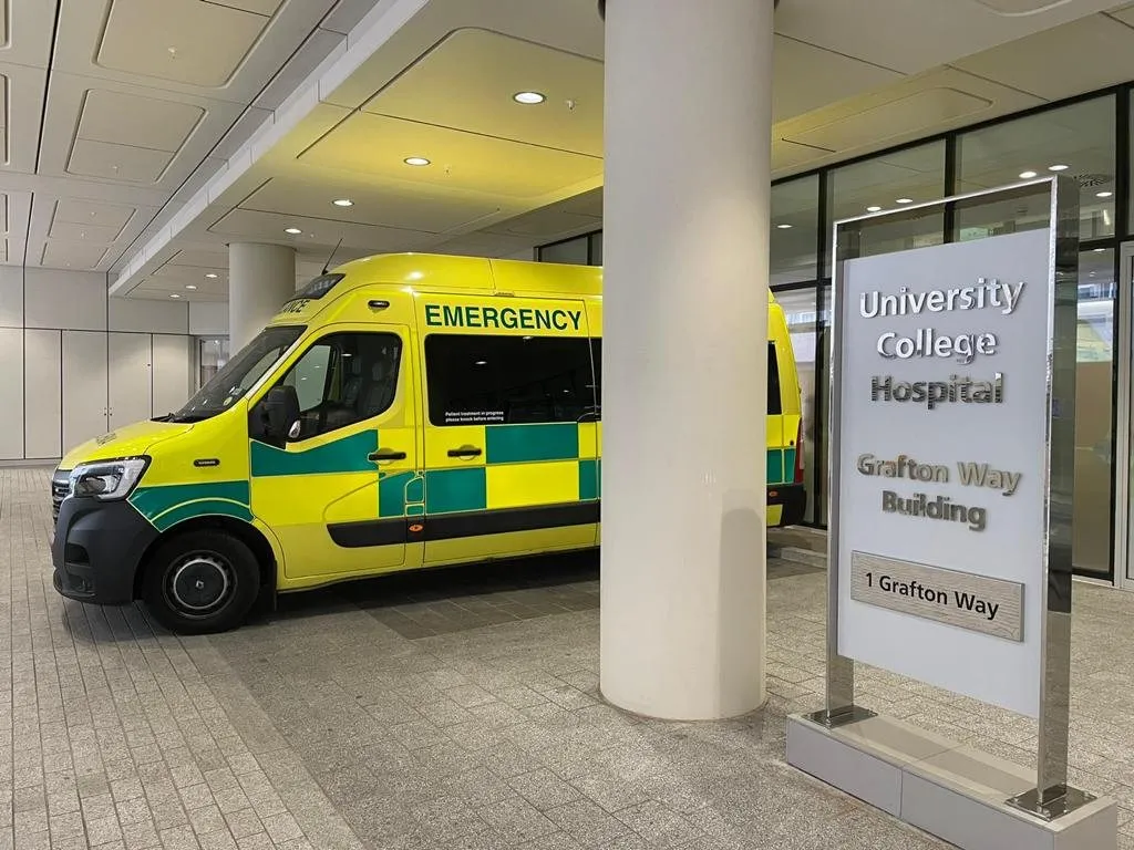 A Hearts First ambulance outside the entrance of University College Hospital in London