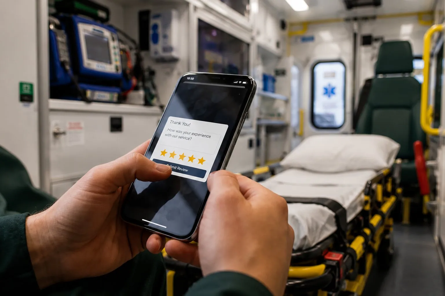 A crew member holding a phone that shows a five-star feedback prompt, inside an ambulance with a stretcher behind